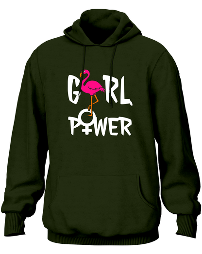 Olive Green Girl Power Unisex Hoodie with Girl Power typography and flamingo design by Garrari