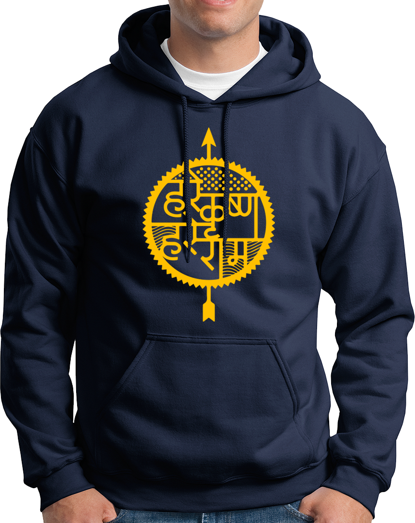 Navy Blue Hare Krishna Hare Ram hoodie with Hare Krishna Hindi print by Garrari