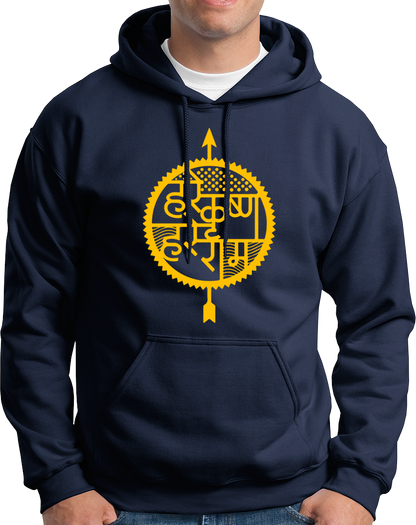 Navy Blue Hare Krishna Hare Ram hoodie with Hare Krishna Hindi print by Garrari