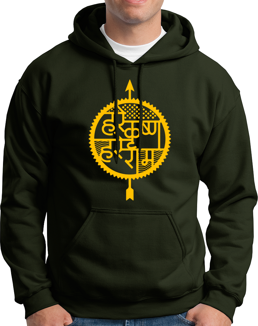 Olive Green Hare Krishna Hare Ram hoodie with Krishna devotional design by Garrari