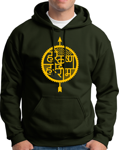 Olive Green Hare Krishna Hare Ram hoodie with Krishna devotional design by Garrari