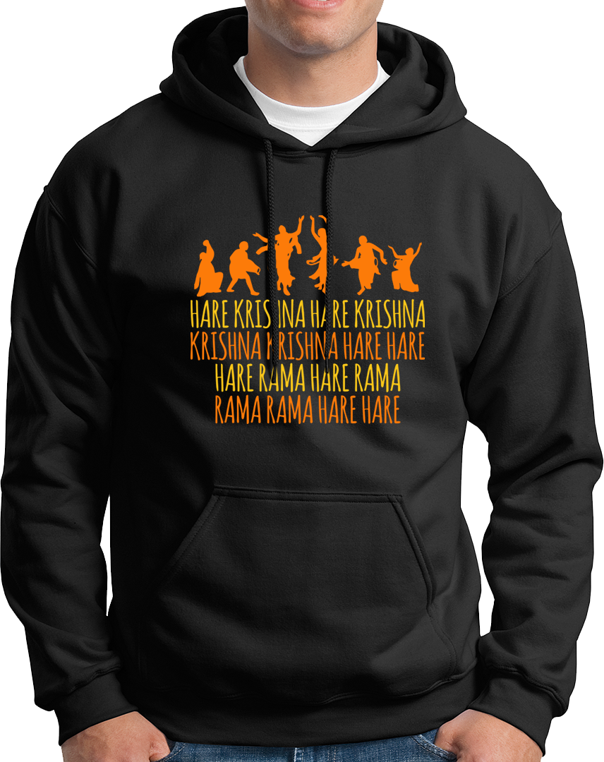 Black Hare Krishna Hare Rama hoodie with Maha Mantra devotional artwork by Garrari