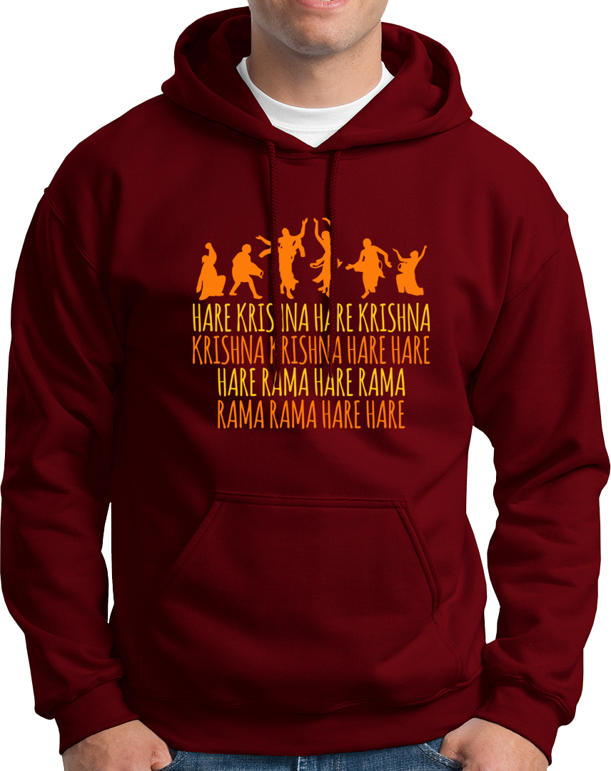Maroon Hare Krishna Hare Rama hoodie with dancing devotee silhouettes by Garrari