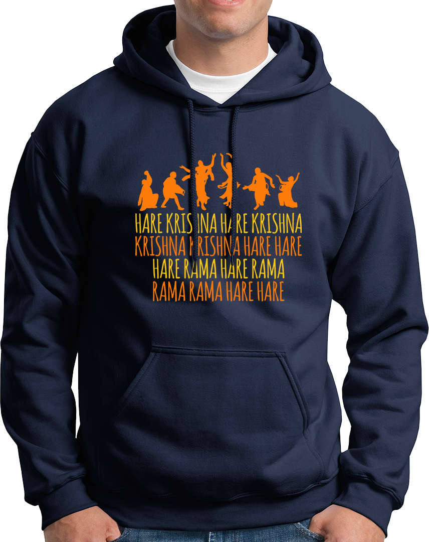 Navy Blue Hare Krishna Hare Rama hoodie with Hare Krishna bhakti print by Garrari