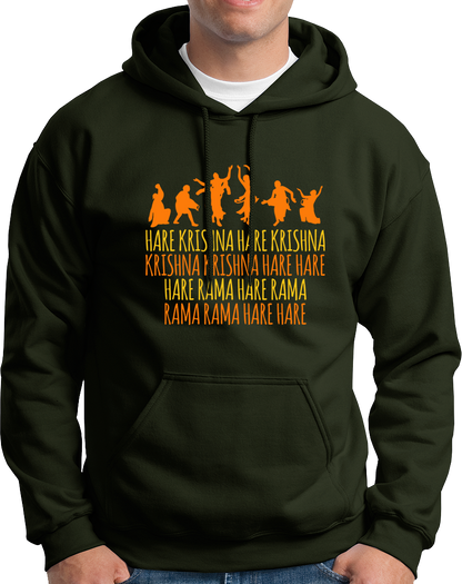 Olive Green Hare Krishna Hare Rama hoodie with Krishna devotee dance print by Garrari