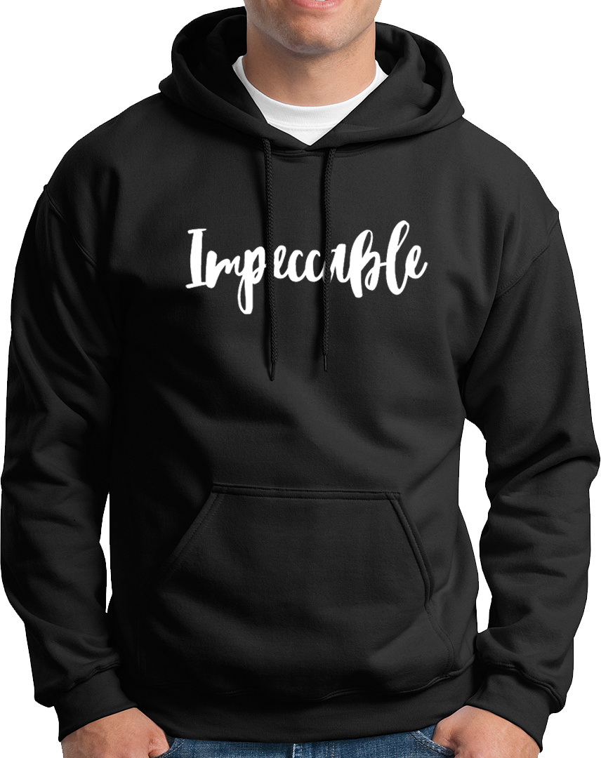 Black Impeccable Unisex Hoodie with minimal white word print by Garrari