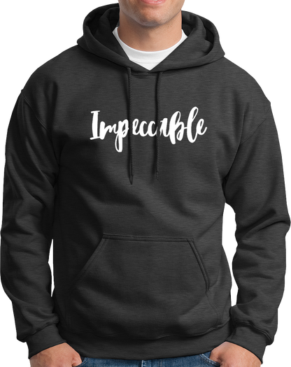 Dark Grey Impeccable Unisex Hoodie with white script typography print by Garrari