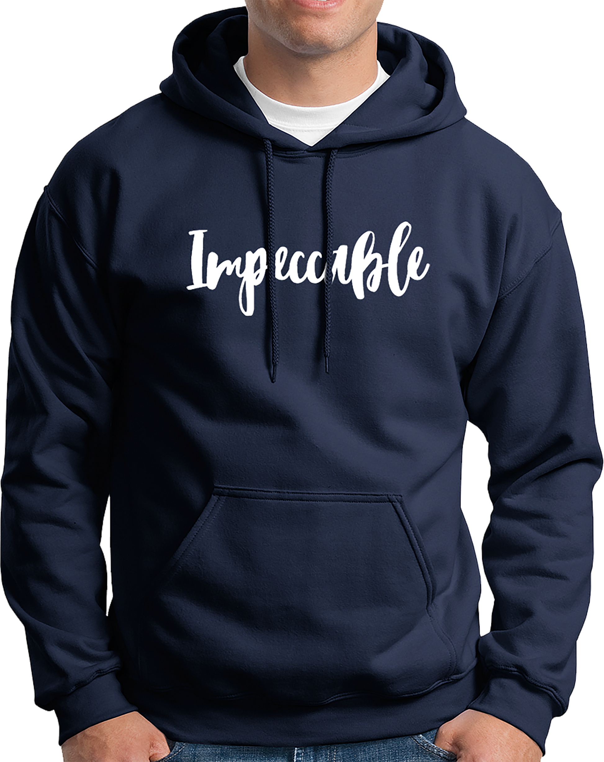 Navy Blue Impeccable Unisex Hoodie with white Impeccable script design by Garrari