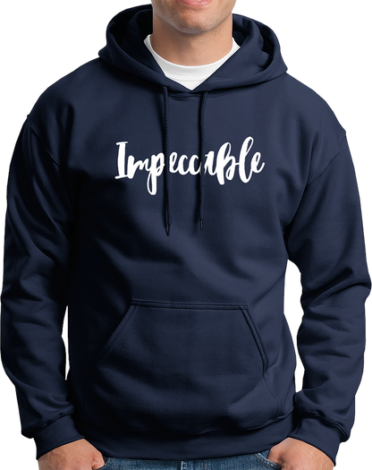 Navy Blue Impeccable Unisex Hoodie with white Impeccable script design by Garrari