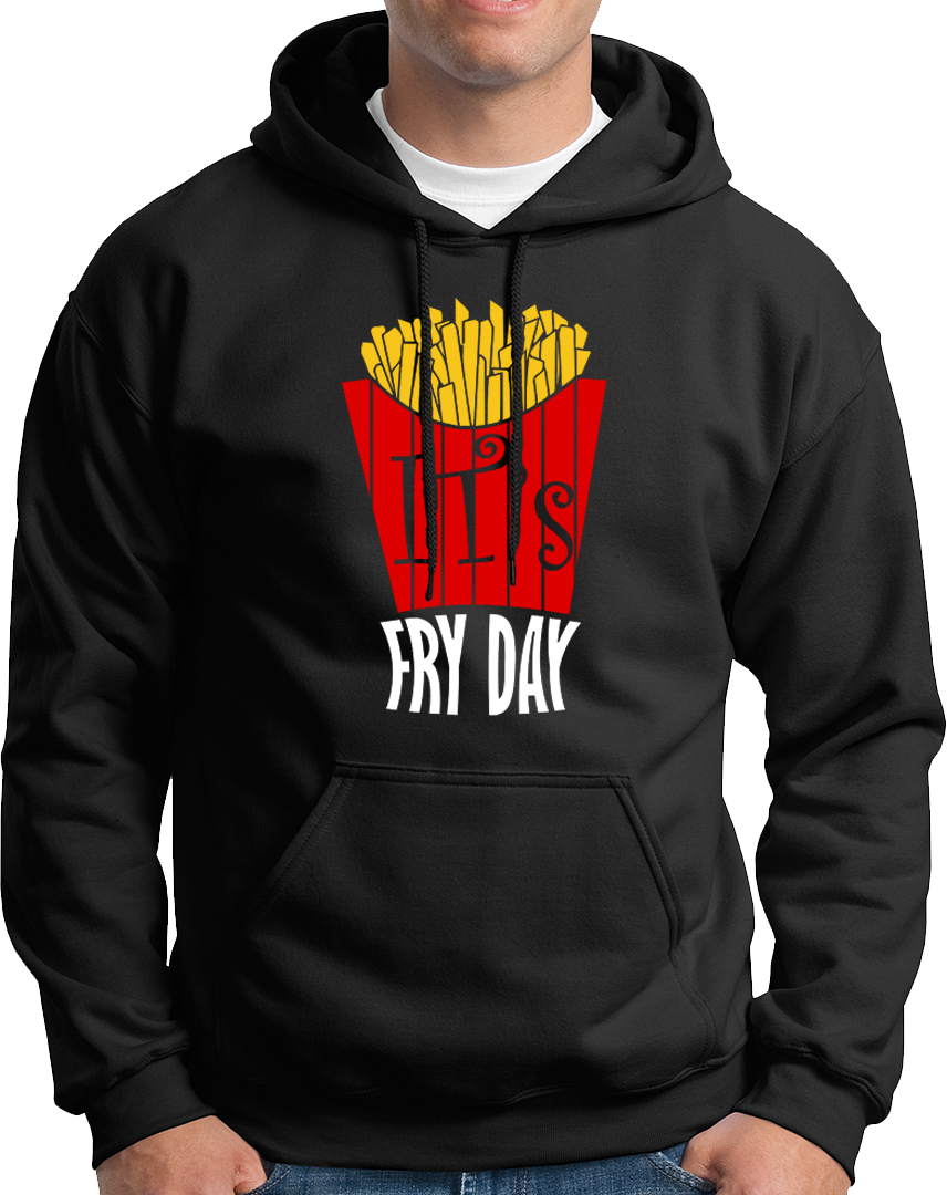 Black It's Fry Day Unisex Hoodie with bright fries illustration and snack-lover print by Garrari