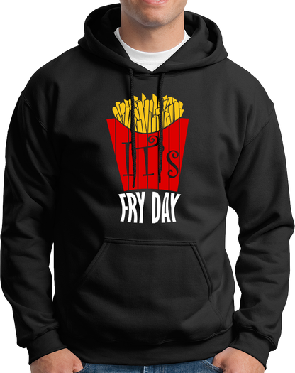 Black It's Fry Day Unisex Hoodie with bright fries illustration and snack-lover print by Garrari