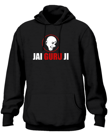Black Jai Guru Ji unisex hoodie with Guruji smiling face portrait print by Garrari
