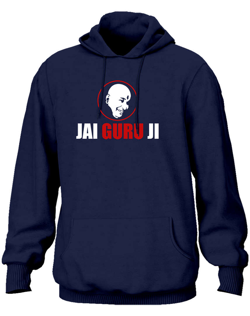 Navy Blue Jai Guru Ji unisex hoodie with Guruji portrait devotional design by Garrari