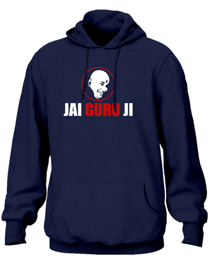 Navy Blue Jai Guru Ji unisex hoodie with Guruji portrait devotional design by Garrari