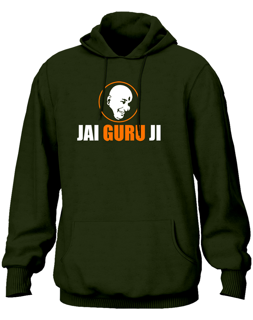 Olive Green Jai Guru Ji unisex hoodie with pocket-side Guruji devotional print by Garrari