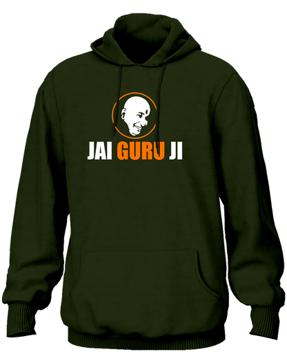 Olive Green Jai Guru Ji unisex hoodie with pocket-side Guruji devotional print by Garrari