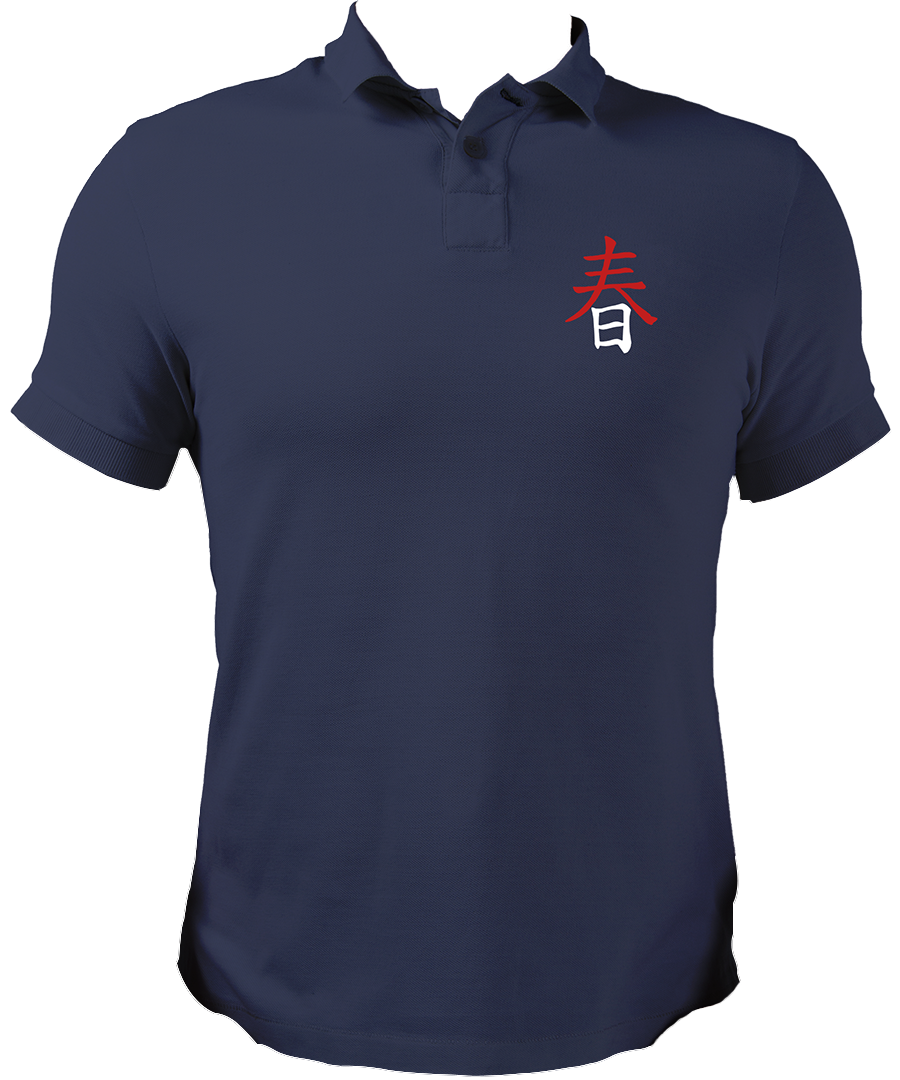 Navy Blue Japanese Spring Kanji Polo with clean kanji-style chest graphic by Garrari