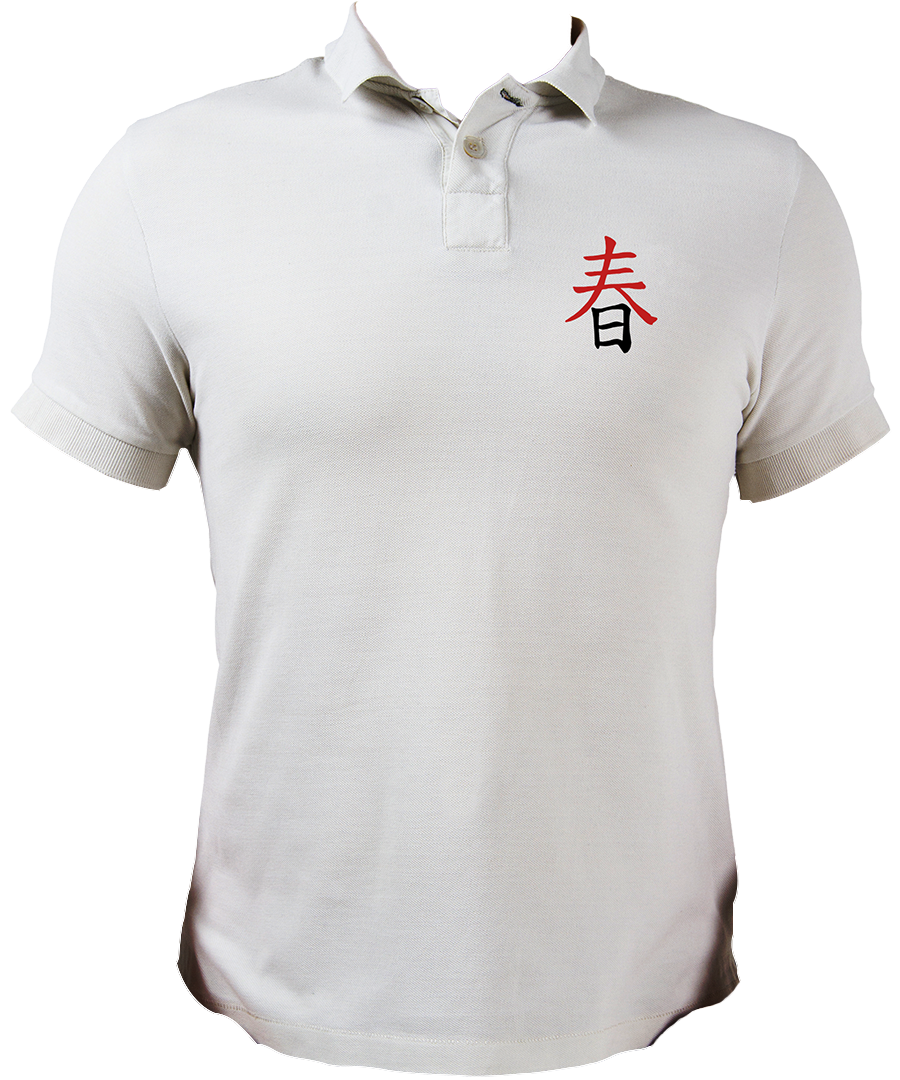 White Japanese Spring Kanji Polo with red and black Japanese-inspired artwork by Garrari