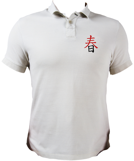 White Japanese Spring Kanji Polo with red and black Japanese-inspired artwork by Garrari