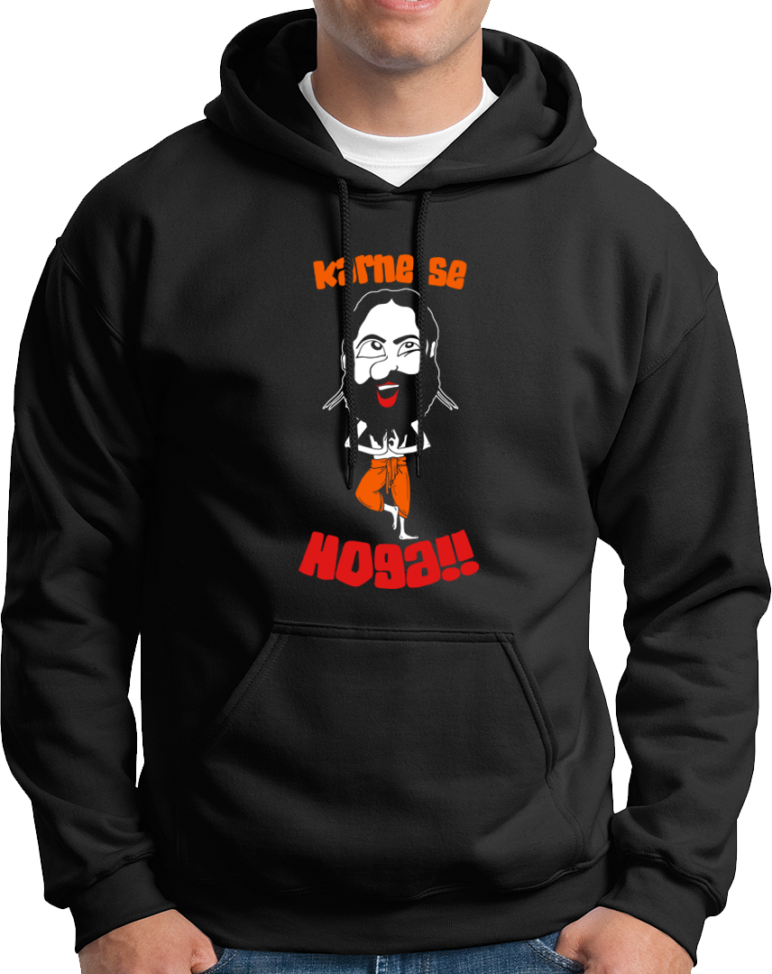 Black Karne Se Hoga Unisex Hoodie with desi humour quote and yoga-style graphic by Garrari