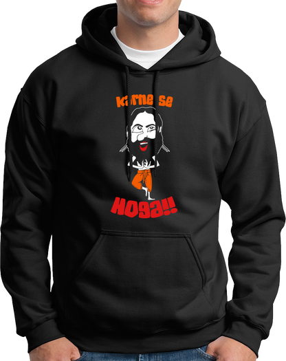 Black Karne Se Hoga Unisex Hoodie with desi humour quote and yoga-style graphic by Garrari