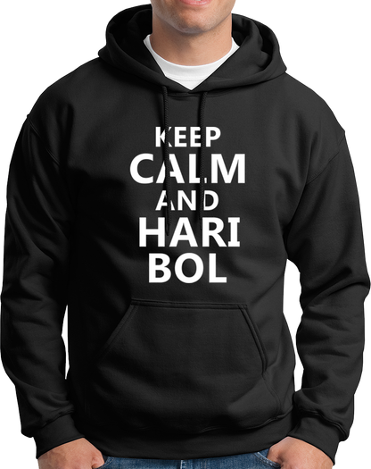 Black Keep Calm And Hari Bol hoodie with bold Hari Bol text print by Garrari
