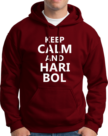 Maroon Keep Calm And Hari Bol hoodie with Krishna devotional print by Garrari