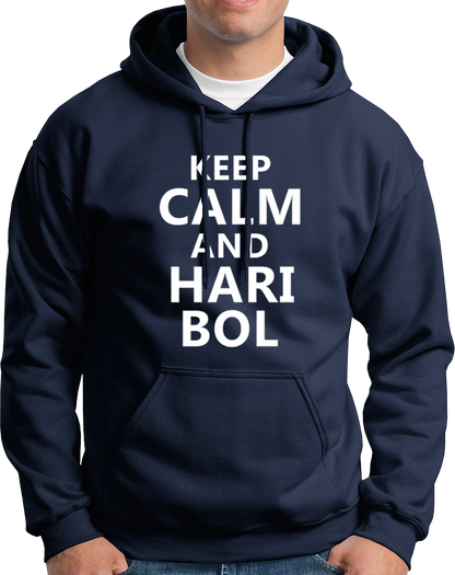 Navy Blue Keep Calm And Hari Bol hoodie with Krishna bhakti design by Garrari