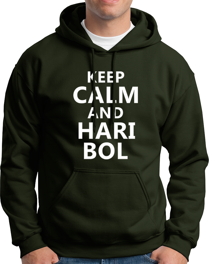 Olive Green Keep Calm And Hari Bol hoodie with Hari Bol devotional print by Garrari