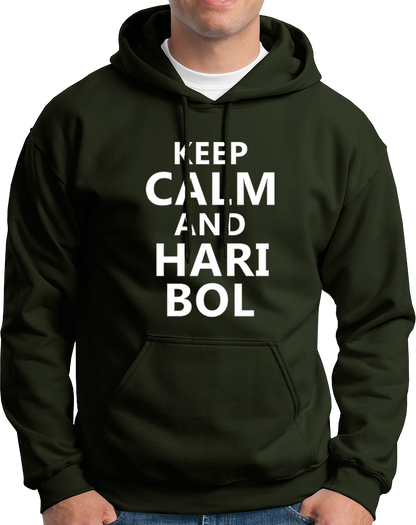 Olive Green Keep Calm And Hari Bol hoodie with Hari Bol devotional print by Garrari