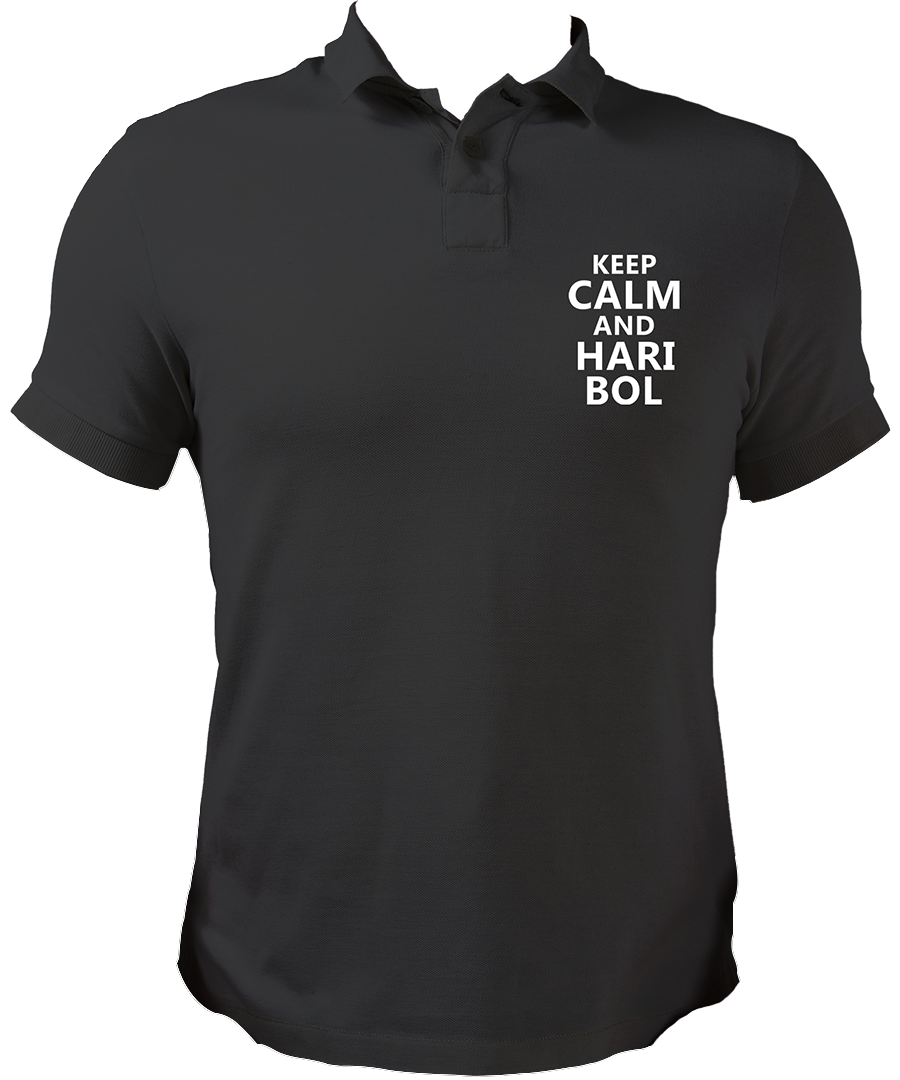 Shri Krishna Polo Neck Collar T-Shirts from Garrari. Keep Calm And Hari Bol Collar Neck Polo T-Shirt from Garrari.  Keep Calm & Hari Bol Black Color Collar Neck T-Shirt