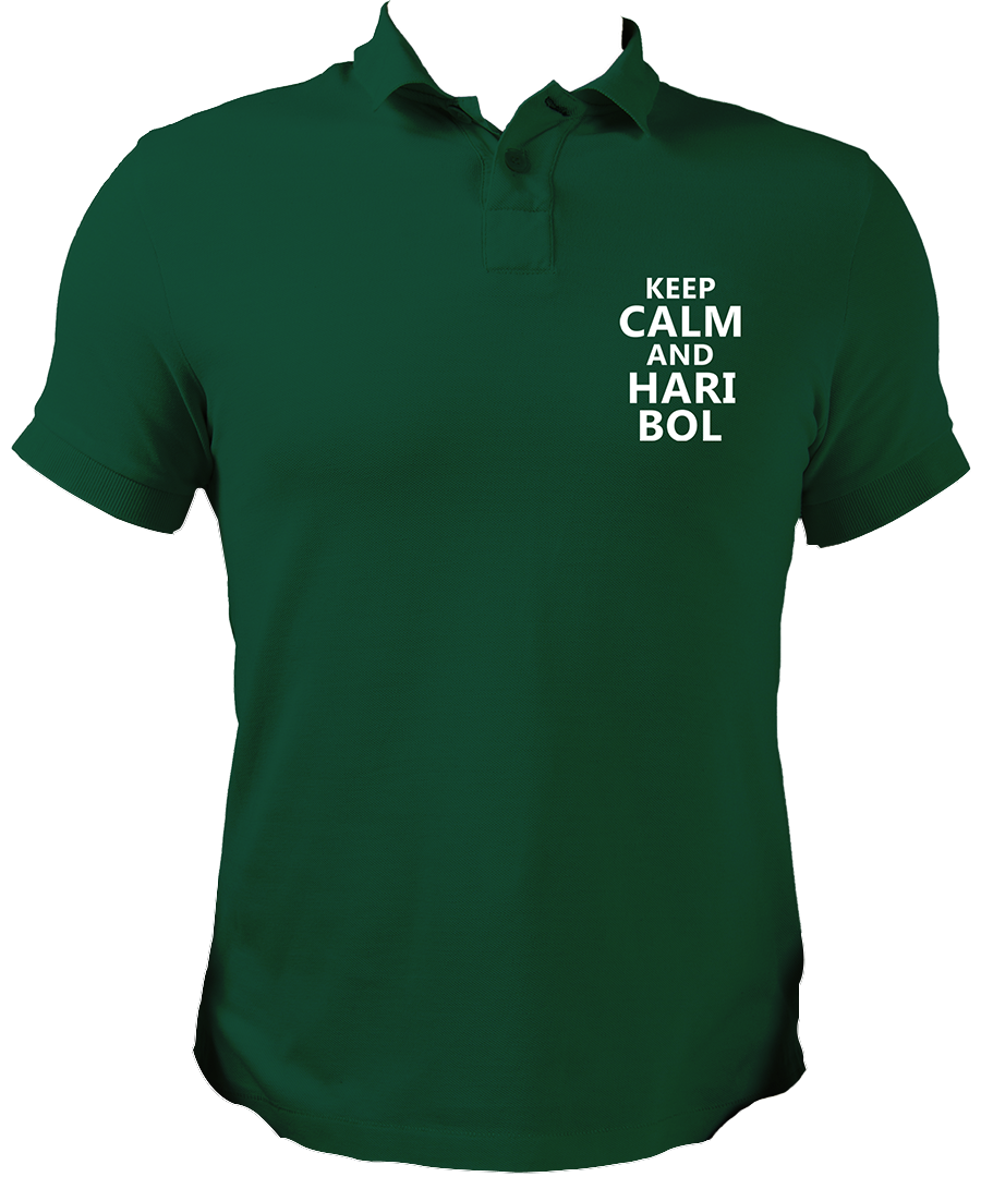 Shri Krishna Polo Neck Collar T-Shirts from Garrari. Keep Calm And Hari Bol Collar Neck Polo T-Shirt from Garrari.  Keep Calm & Hari Bol Dark Green Color Collar Neck T-Shirt