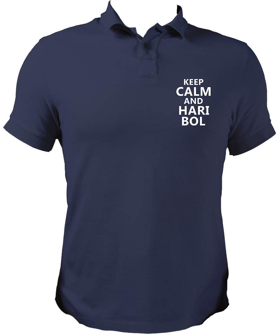 Shri Krishna Polo Neck Collar T-Shirts from Garrari. Keep Calm And Hari Bol Collar Neck Polo T-Shirt from Garrari.  Keep Calm & Hari Bol Navy BlueColor Collar Neck T-Shirt