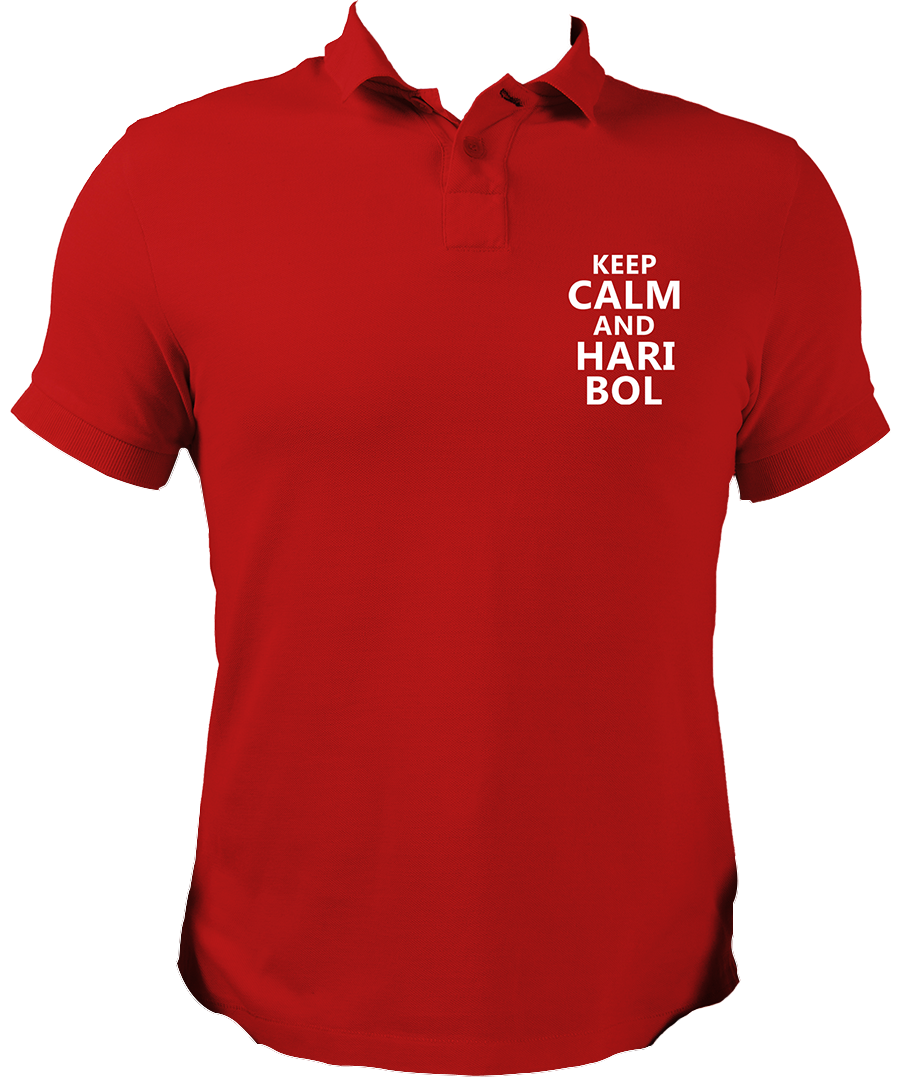 Shri Krishna Polo Neck Collar T-Shirts from Garrari. Keep Calm And Hari Bol Collar Neck Polo T-Shirt from Garrari.  Keep Calm & Hari Bol Red Color Collar Neck T-Shirt