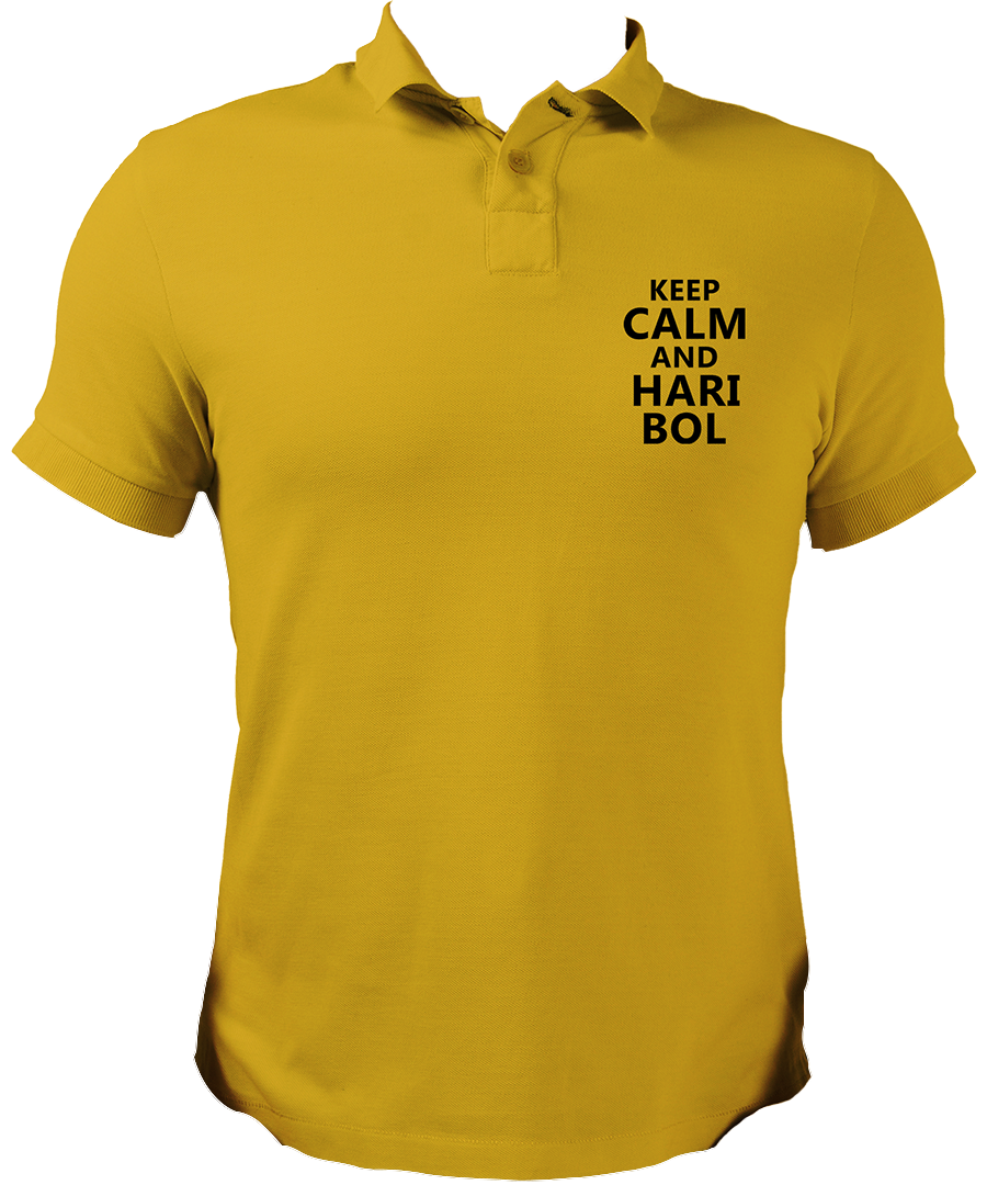 Shri Krishna Polo Neck Collar T-Shirts from Garrari. Keep Calm And Hari Bol Collar Neck Polo T-Shirt from Garrari.  Keep Calm & Hari Bol Yellow Color Collar Neck T-Shirt