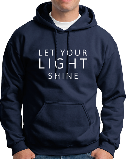 Navy Blue Let Your Light Shine Unisex Hoodie with white motivational typography by Garrari