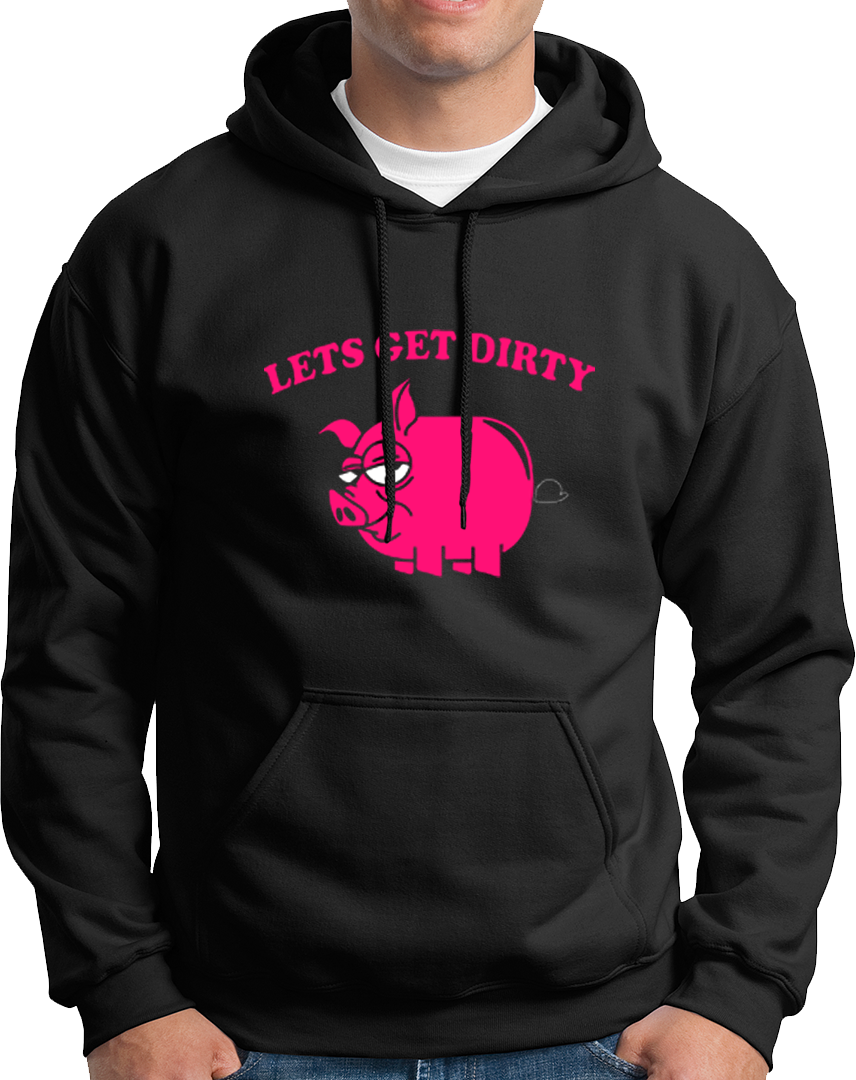 Black Let’s Get Dirty Unisex Hoodie with funny pink pig artwork and playful text by Garrari
