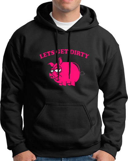 Black Let’s Get Dirty Unisex Hoodie with funny pink pig artwork and playful text by Garrari