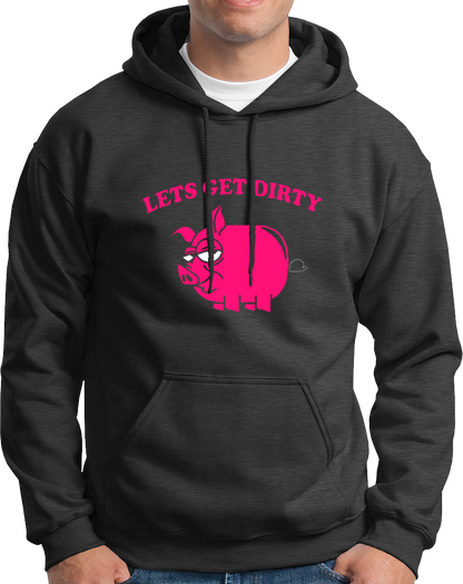Dark Grey Let’s Get Dirty Unisex Hoodie with pink pig graphic and cheeky quote by Garrari
