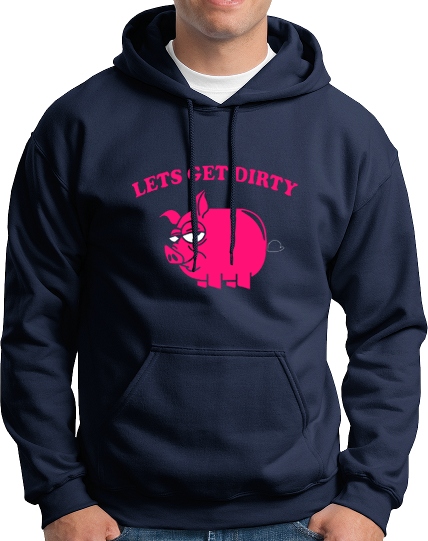 Navy Blue Let’s Get Dirty Unisex Hoodie with smirky pig graphic and Let’s Get Dirty print by Garrari