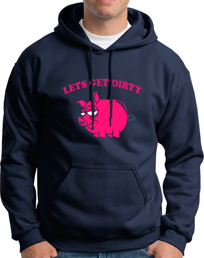 Navy Blue Let’s Get Dirty Unisex Hoodie with smirky pig graphic and Let’s Get Dirty print by Garrari