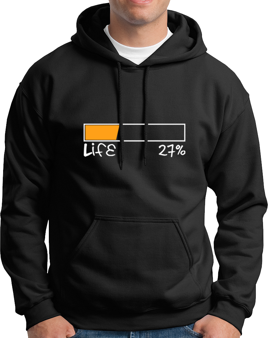 Black Life 27% Unisex Hoodie with funny low battery life print by Garrari
