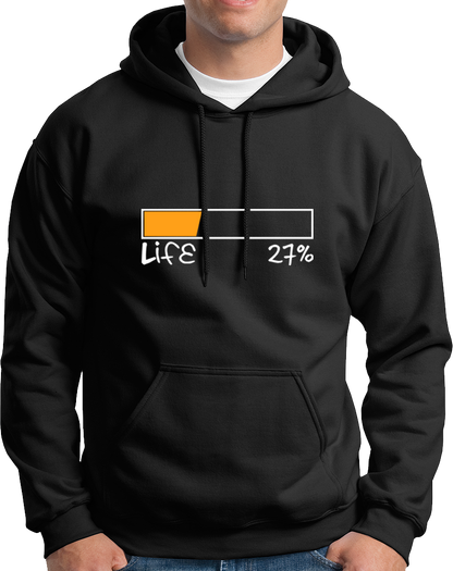 Black Life 27% Unisex Hoodie with funny low battery life print by Garrari