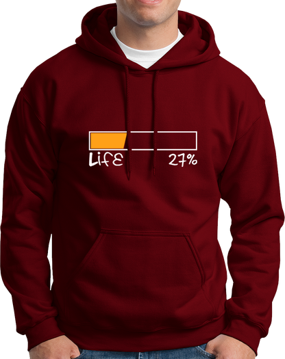 Maroon Life 27% Unisex Hoodie with low battery graphic and relatable quote by Garrari
