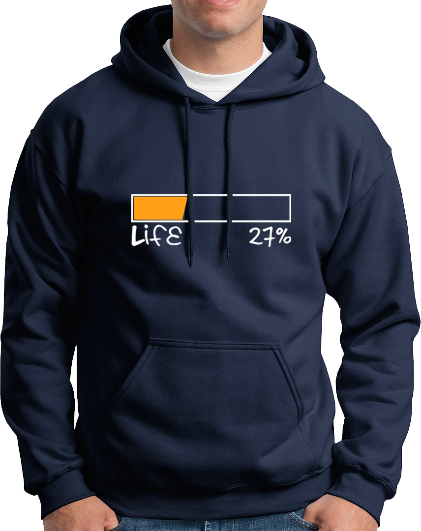 Navy Blue Life 27% Unisex Hoodie with low battery mood print by Garrari
