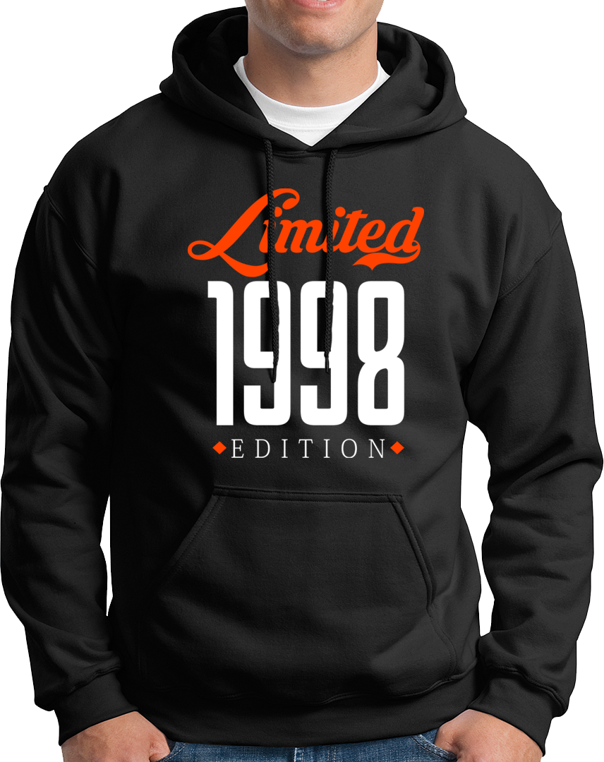 Black Limited 1998 Edition Unisex Hoodie with 1998 birthday gift typography by Garrari