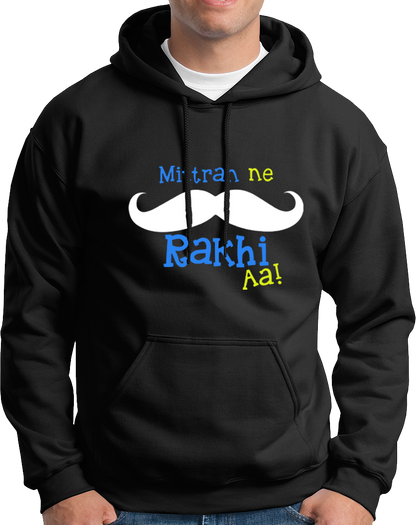 Black Mittran Ne Muchch Rakhi Aa Unisex Hoodie with Punjabi moustache print by Garrari