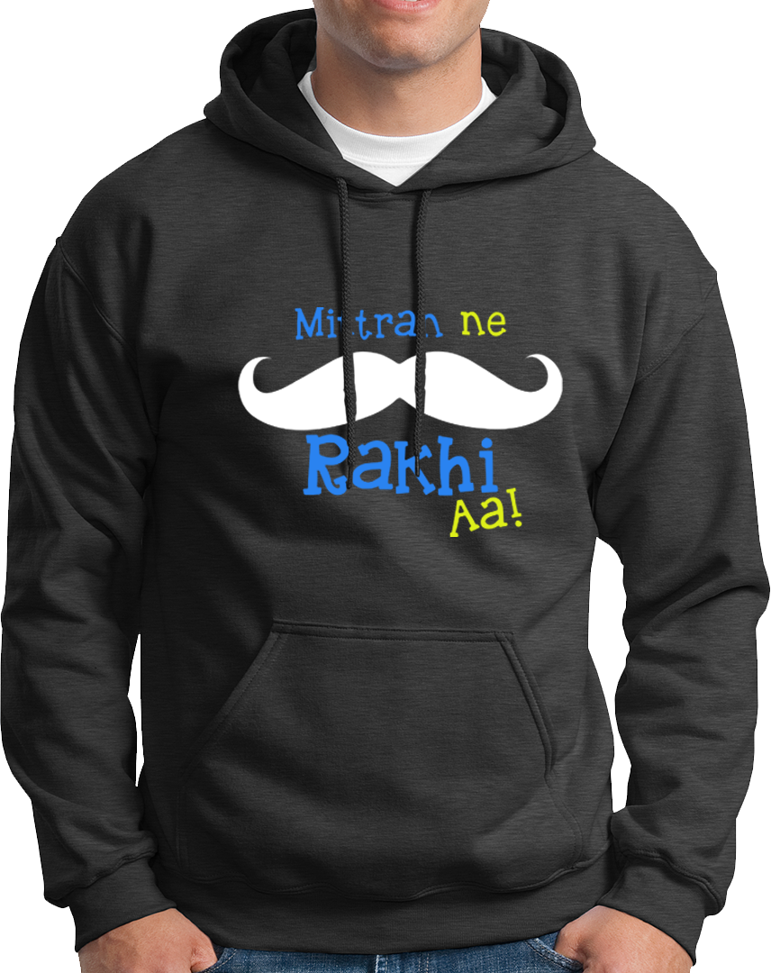 Dark Grey Mittran Ne Muchch Rakhi Aa Unisex Hoodie with desi muchch lover graphic by Garrari