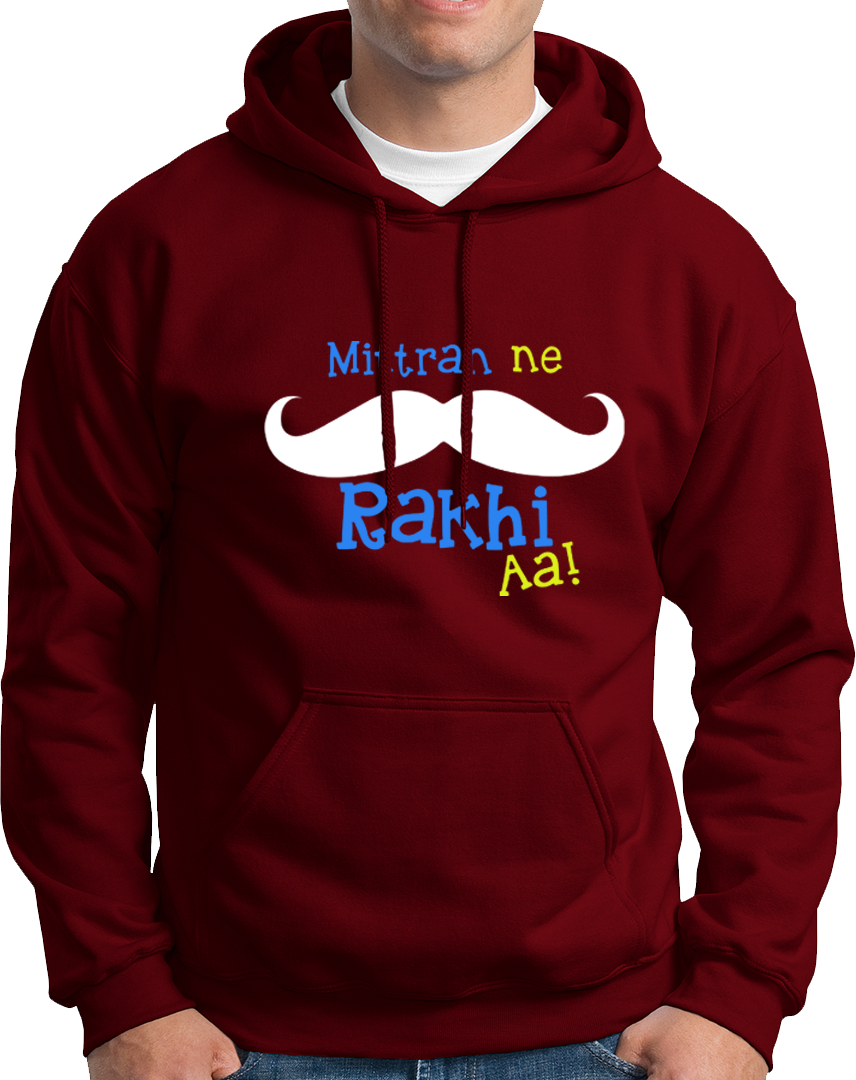 Maroon Mittran Ne Muchch Rakhi Aa Unisex Hoodie with Punjabi moustache artwork by Garrari