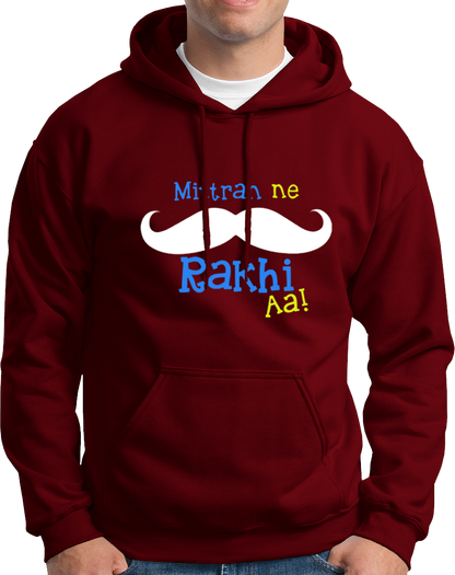 Maroon Mittran Ne Muchch Rakhi Aa Unisex Hoodie with Punjabi moustache artwork by Garrari